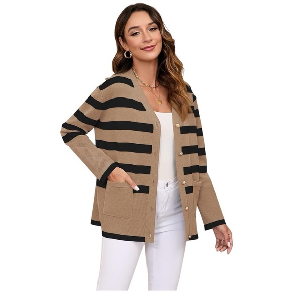 Viottiset Tan & Black Striped Lounge 2 Piece Set XL Button Top & Wide Leg Pants - Picture 5 of 10